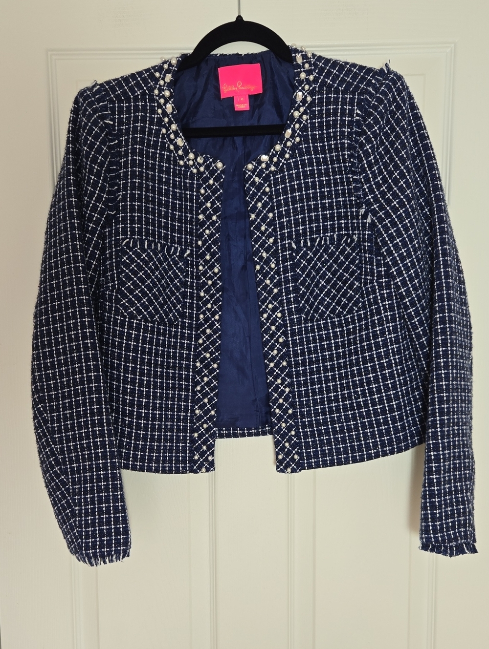 Lilly Pulitzer Vianne Tweed Jacket Low Tide Navy Size 8 Pearl Trim - Picture 2 of 16